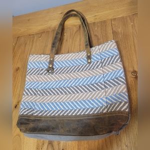 Myra Bag Tic Tac Toe Tote Bag Upcycled Tapestry, Canvas & Cowhide Leather